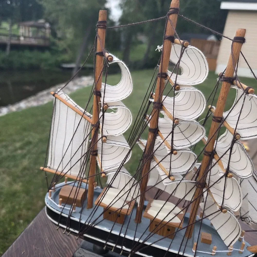 VTG Belem Sailboat Model Wood Cloth Sails Black White Desktop Display